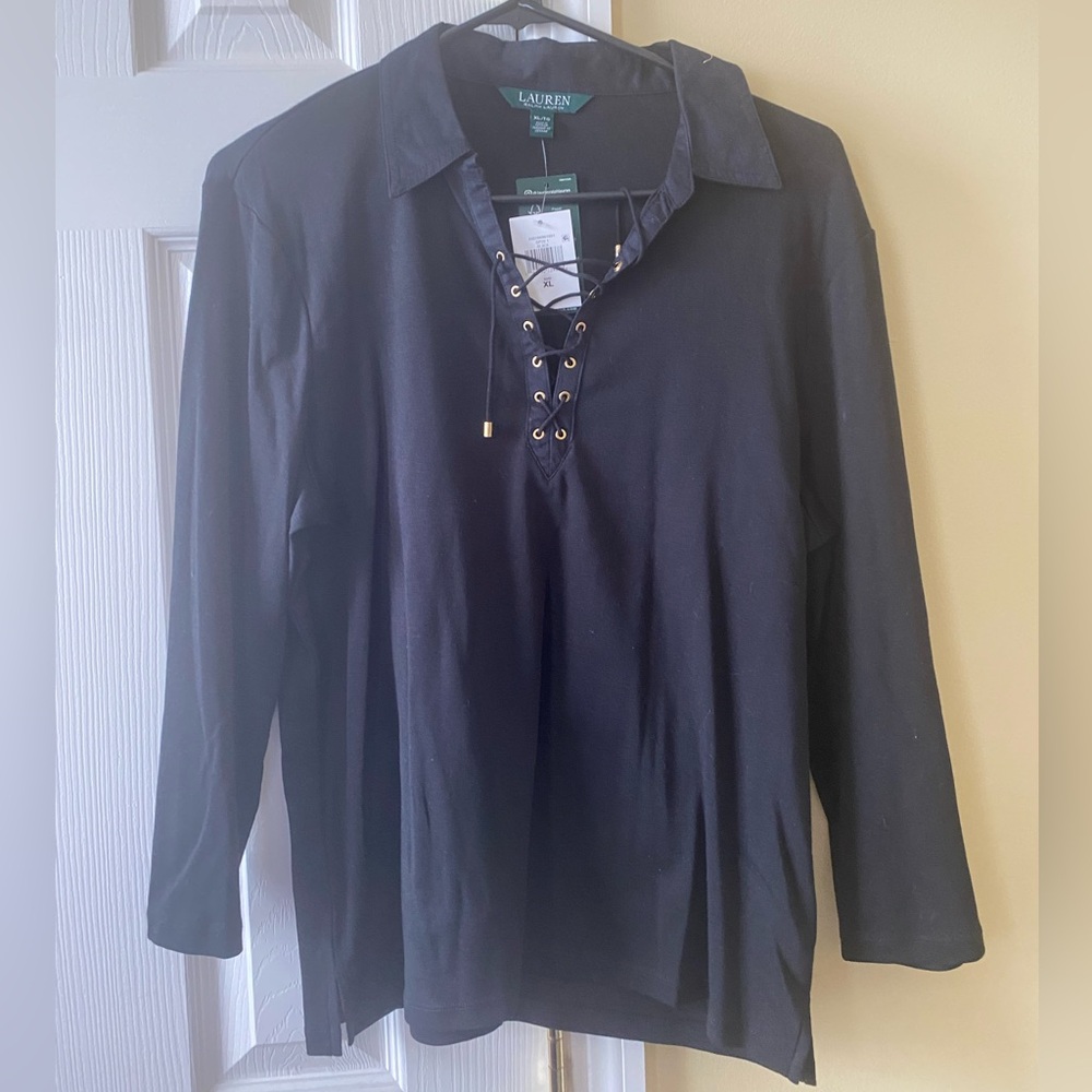 Ralph Lauren black lace up v-neck top